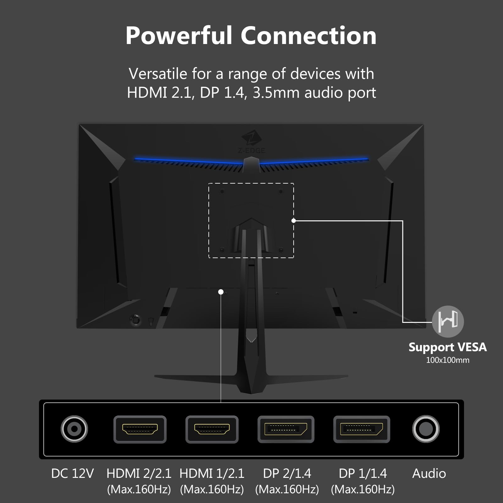 Z-Edge 27 Zoll 4K Gaming Monitor 160Hz UHD Fast IPS DP 1.4 HDMI 2.1 120Hz | 3840x2160, 1ms MPRT, 450cd/m² Helligkeit, 1,07 Milliarden Farben, Adaptive Sync, Fadenkreuz, VESA Kompatibel, Schwarz
