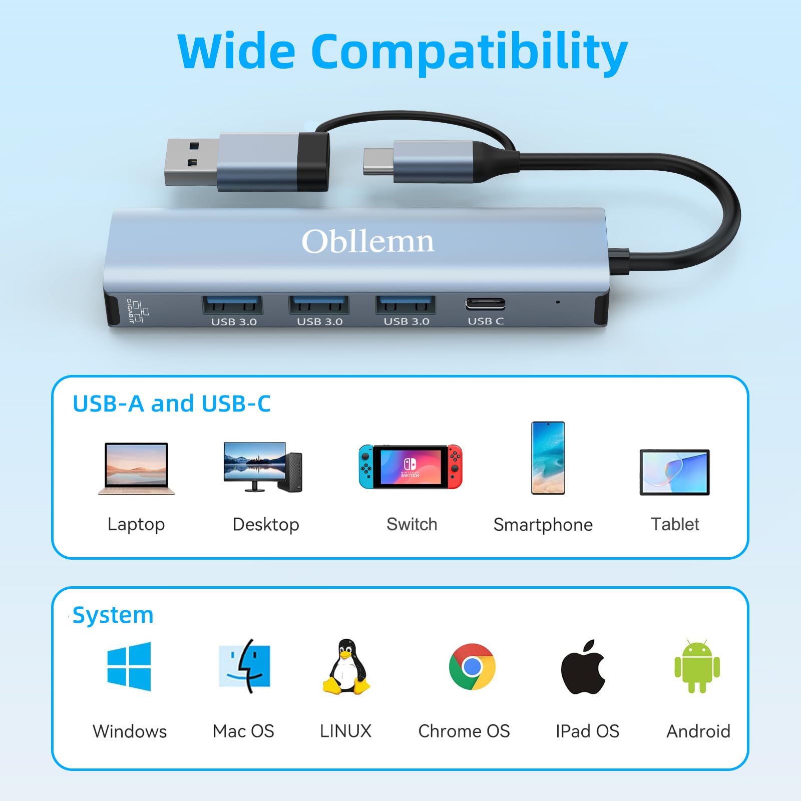 Adattatore USB Ethernet, Hub USB C Ethernet, RJ45 LAN 1000Mbps, 3 Porte USB 3.0, USB Tipo C per Windows/MAC/Linux/Chromebook