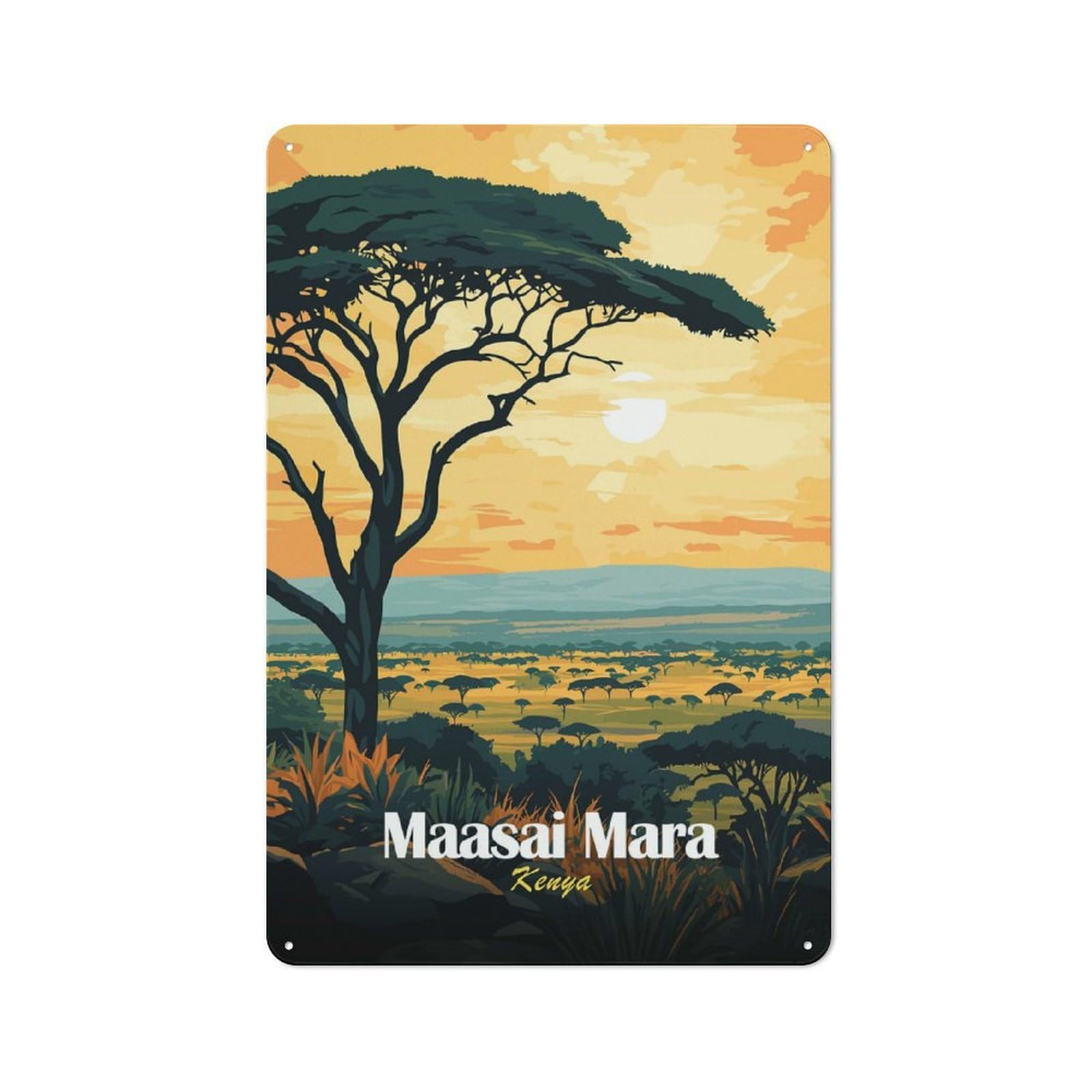 Junmoney Style-8 Metal Wall Sign 30X20cm Featuring Maasai Mara Sunset Landscape For Café Or Home Bar, For Collectors Decorating Cafés And Home Bars