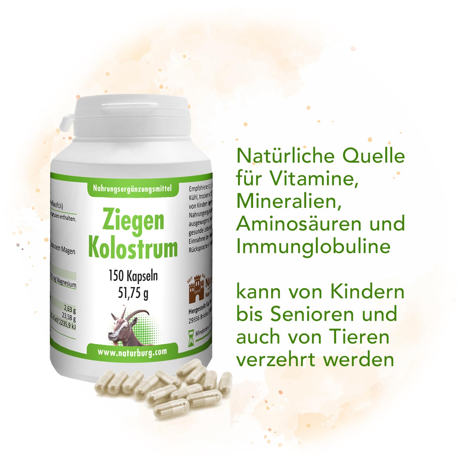 Colostrum Ziege Erstmilch Biestmilch 1 er Pack (1 x 150 Kapseln) - Ziegenkolostrum mit Proteine, Vitamine Aminosäuren - Stoffwechselkur