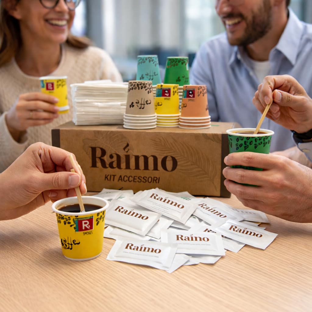Kit 1800 Accessori Caffè Completo - 600 Bicchierini Carta Biodegradabili 75 ml + 600 Palettine in Legno Monouso + 600 Bustine di Zucchero Extra Fine, Set Pausa Caffè per Casa, Ufficio ed Eventi