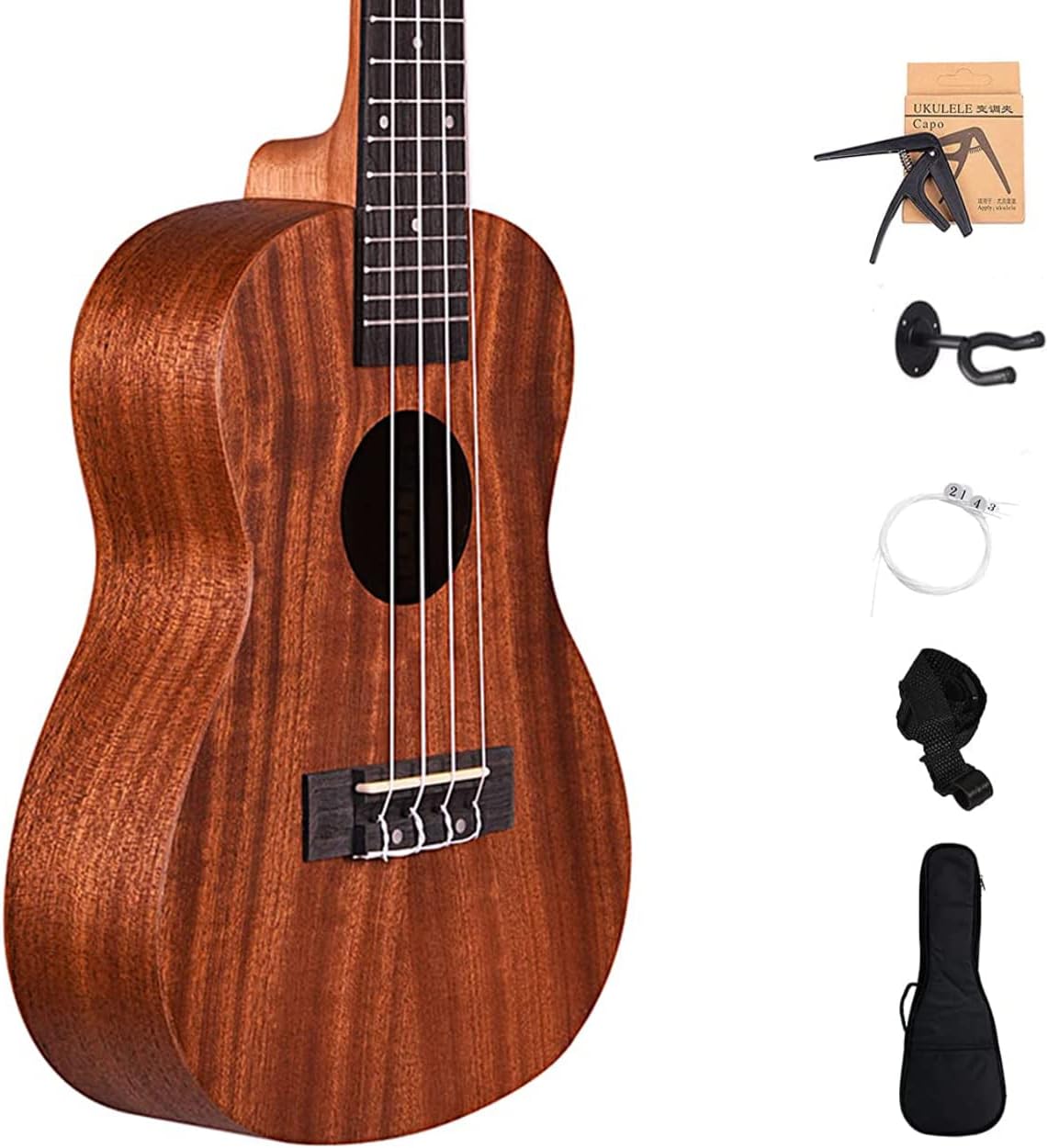 Ukulele 24" Concert Size + ( Free online learning Course ) Mahogany wood ukelele Super combo with Strap, Stand, Bag , Strings capo & learning course (Super Combo)