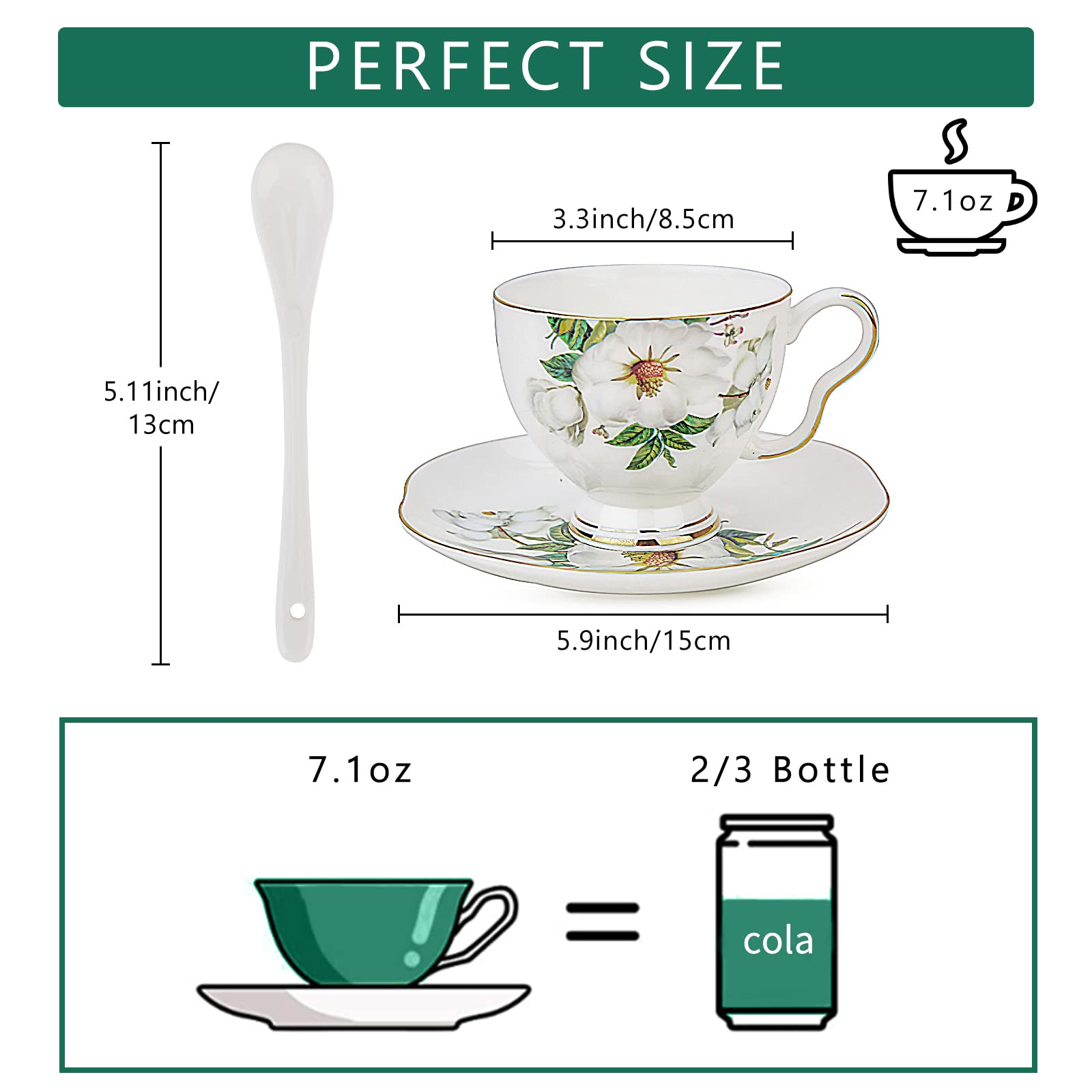 Kitchenexus Vintage Porcelain Tea Cup and Saucer - Elegant Floral Design with Gold Trim, Matching Spoon, 7.1oz/200ml