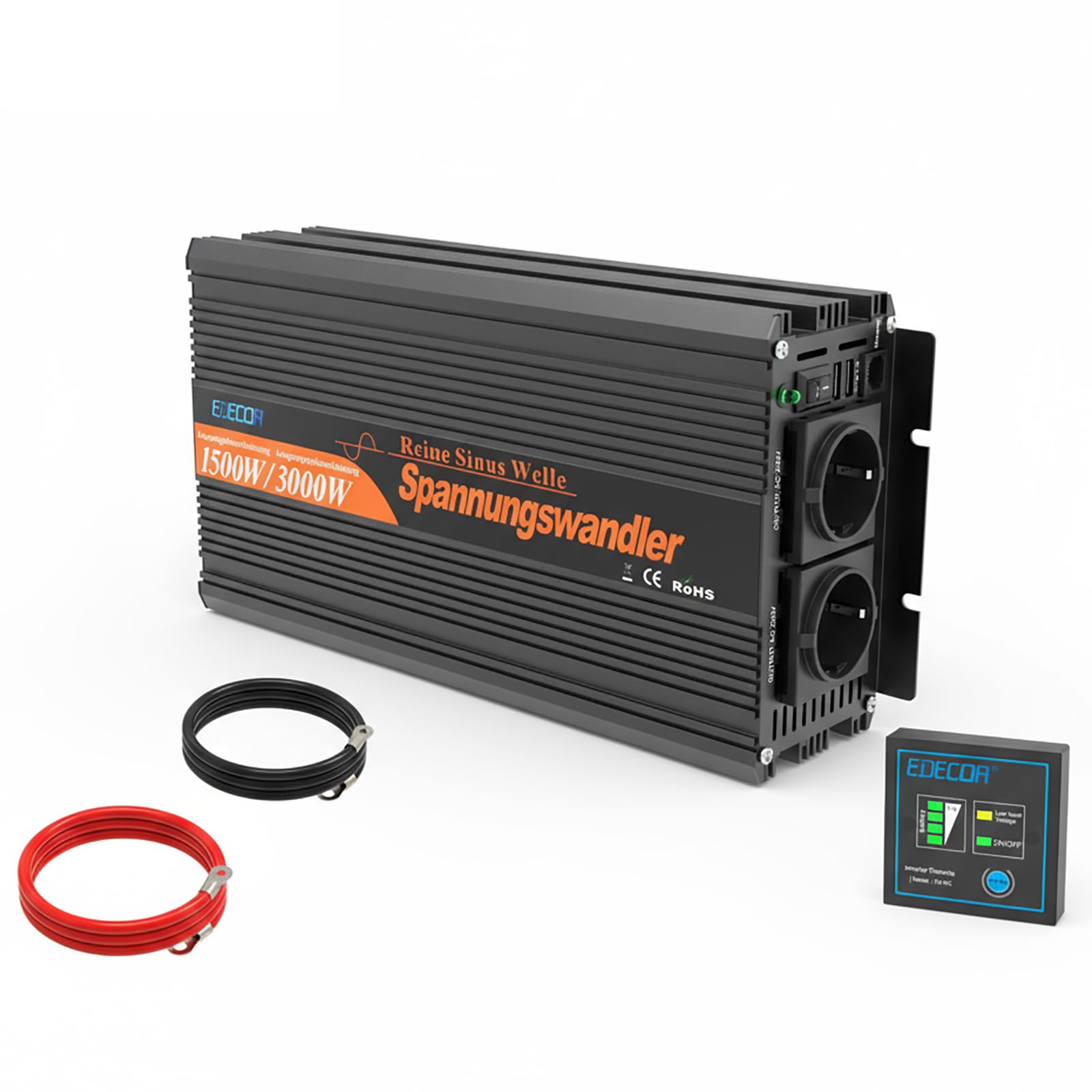 Edecoa Pure Sine Wave Inverter 1500 W Voltage Converter 12 V 230 V, 2 x USB and Remote Control, Voltage Converter Pure Sine Wave, 1500W, black