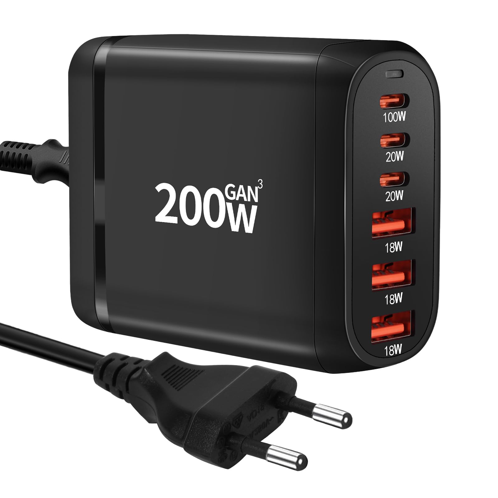 200W Caricatore USB C Multiplo, 6-Port Caricatore Multiplo USB C,100w Laptop Caricabatterie PPS PD QC Alimentatore GaN, Stazione di Ricarica USB Multipla per MacBook,Samsung,iPhone,Huawei