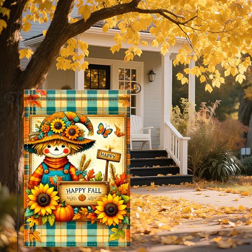 Image of Nuxovilar 12x18 inch Plaid Scarecrow Fall Garden Flag