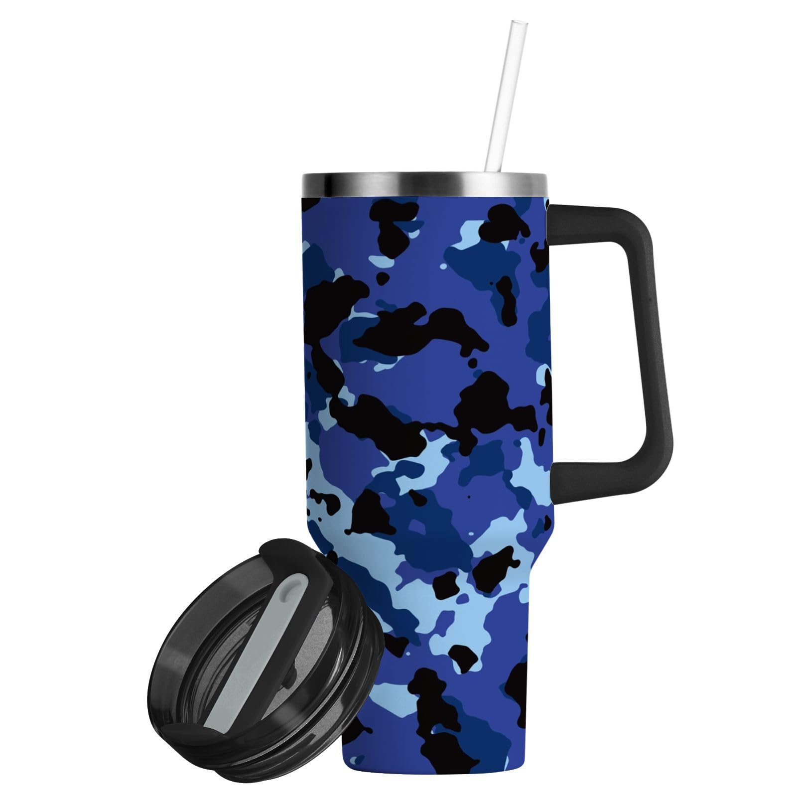 Isolierter Trinkbecher, doppelwandig, Edelstahl, Thermobecher, Reisebecher mit Griff, Strohhalm-Deckel, Blau