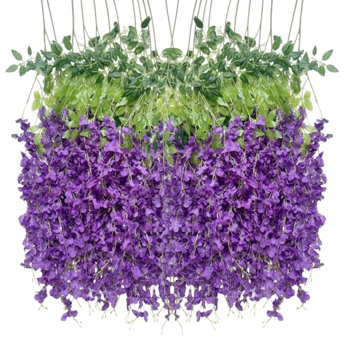 HUAHUA Guirnalda de flores artificiales de glicinia artificial, densas blancas, guirnalda de flores de seda para decoración del hogar, fiesta, boda (24 unidades, morado)