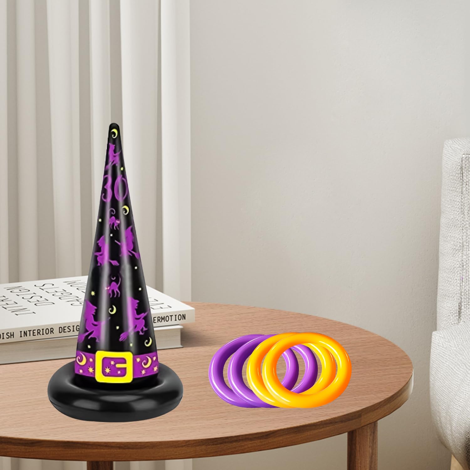 HAICN 5Pieces Halloween Inflatable Throwing Rings Games Purple Witch Hat and 4 Rings Toss Party Indoor Outdoor Fun Games for Kids Adults Family - Image 2