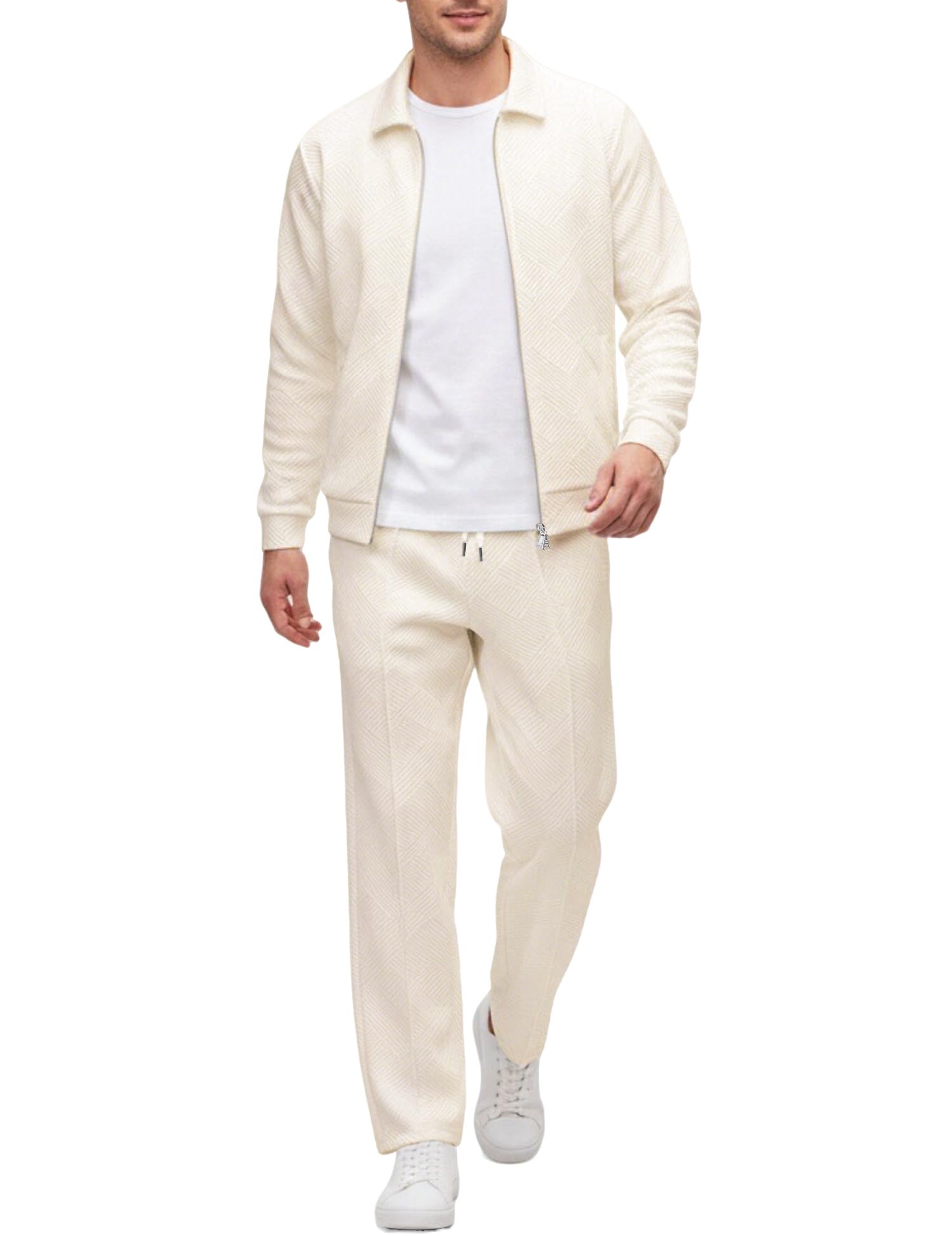 Mens 2 Piece Tracksuits Set Casual Jacquard Sweatsuits Outfits Full-Zip Jakcet & Loose Jogging Pants