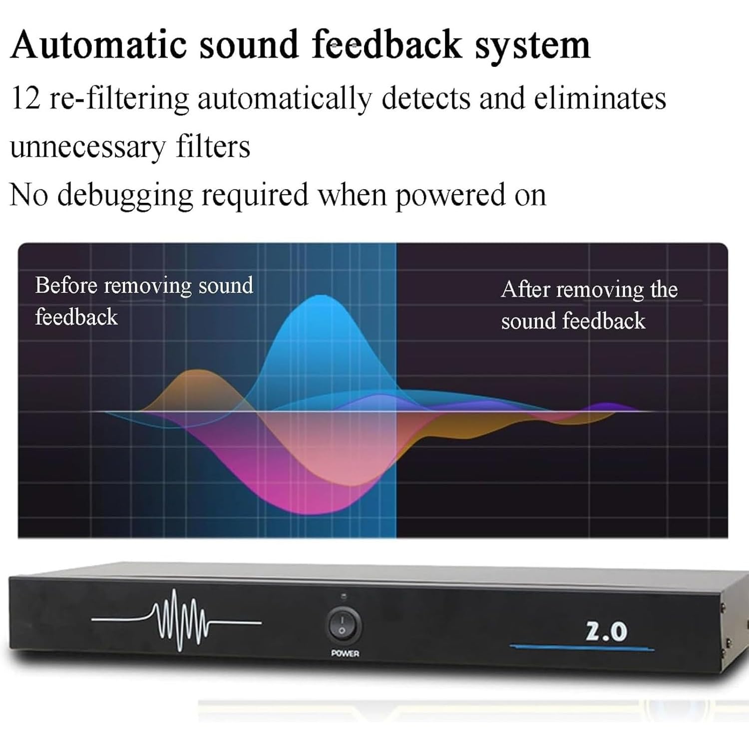 Generisch Cyfrowy procesor audio z 2 wejściami i 2 wyjściami, wzmocnienie akustyczne 5-14 dB, aktywacja za pomocą jednego przycisku, do występów scenicznych i konferencji