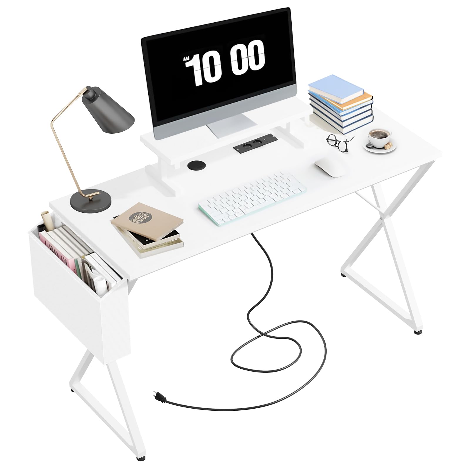 CXRYLZ-Fur Escritorio Blanco 120x48cm, Mesa Gaming Gamer Escritorio Madera con Puerto de Carga USB Toma y Bolsa de Almacenaje, Mesa Ordenador PC para Oficina, Salón, Hogar, Estudio