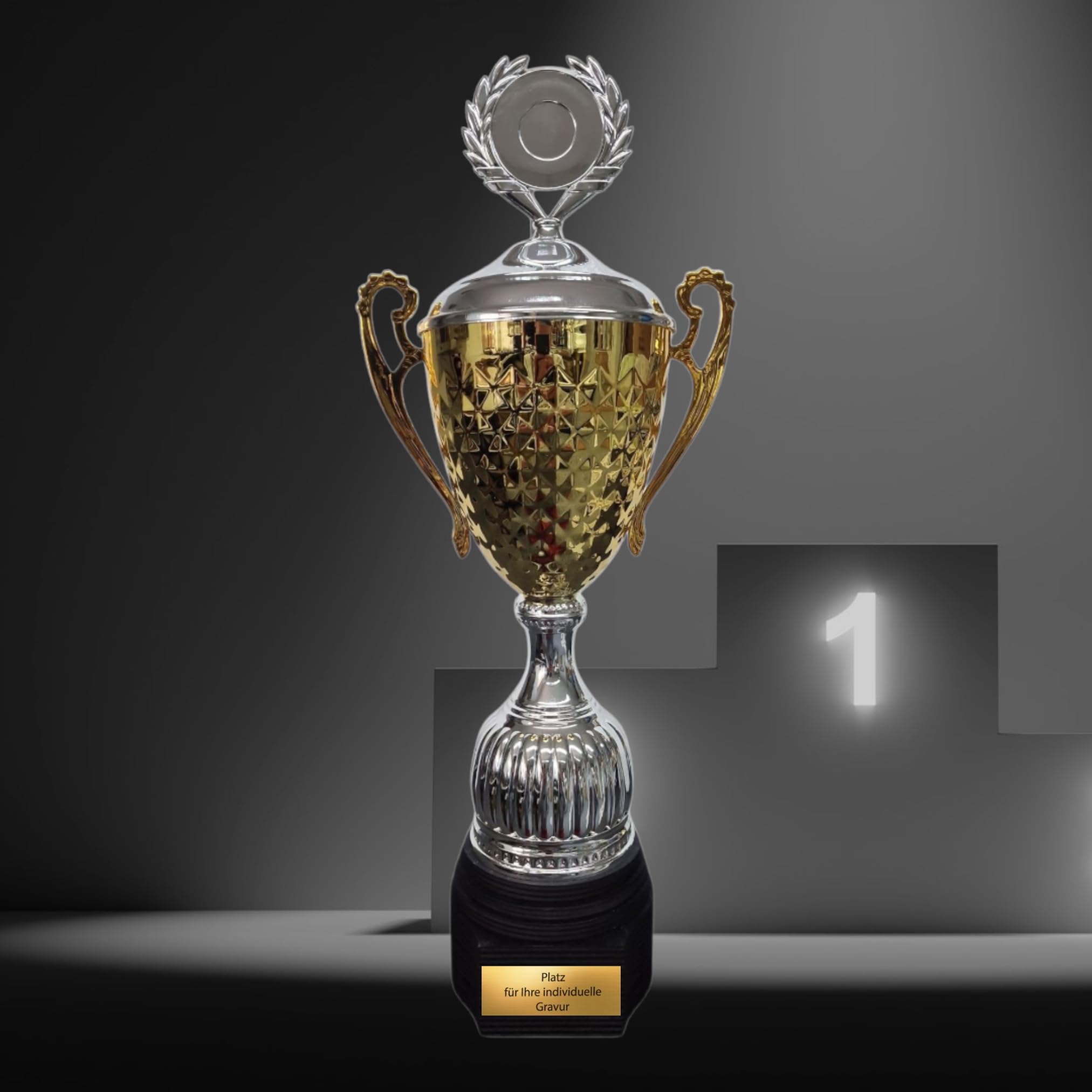 EBERiX · Athena oder Ares Wanderpokal · Wanderpokal mit Gravur · Eleganter Metallpokal mit Deckel & Holzsockel · 46 cm Höhe · Inkl. Gravurschild · personalisierbar