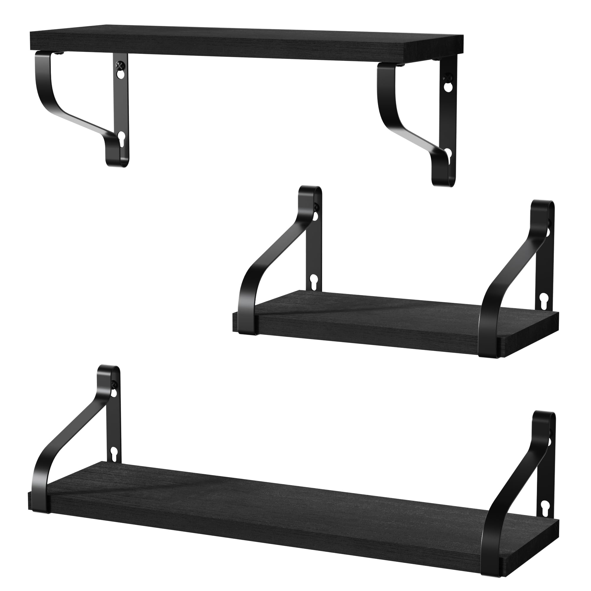 Love-KANKEI Floating Shelves Wall Mounted Rustic Wood Wall Shelves Set of 3 for Bedroom Living Room Bathroom Kitchen Black
