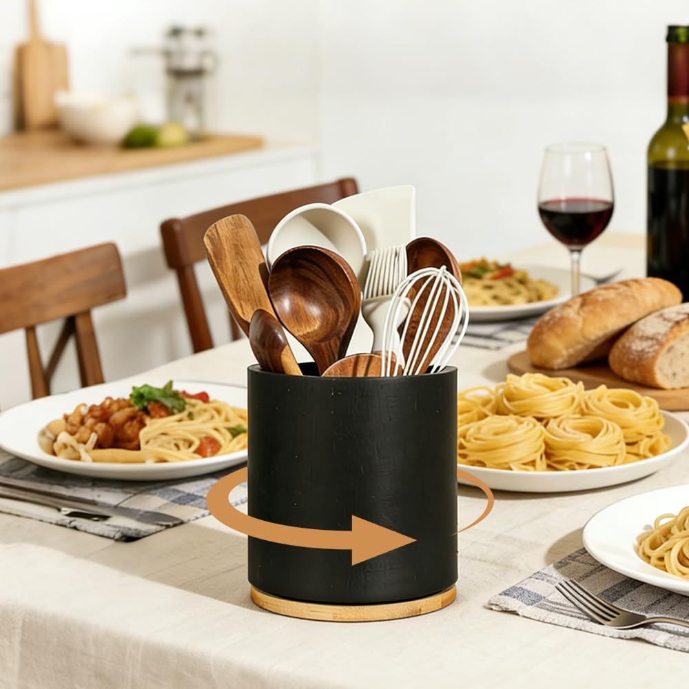 NAVESO Porta Mestoli da Cucina, Porta Utensili da Cucina in Legno Girevole a 360°, Impermeabile Portamestoli Cucinas per Cucchiaio, Frusta, Forchetta Nero