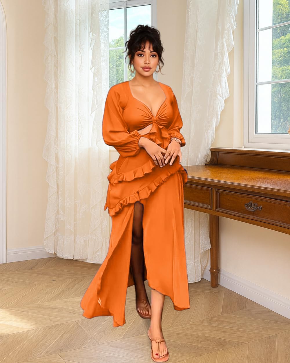 HWP Womens Ruffles Backless Dress Sexy Halter Deep V Neck Maxi Dresses Sleeveless Long Formal Cocktail Dress with Slit - Image 3