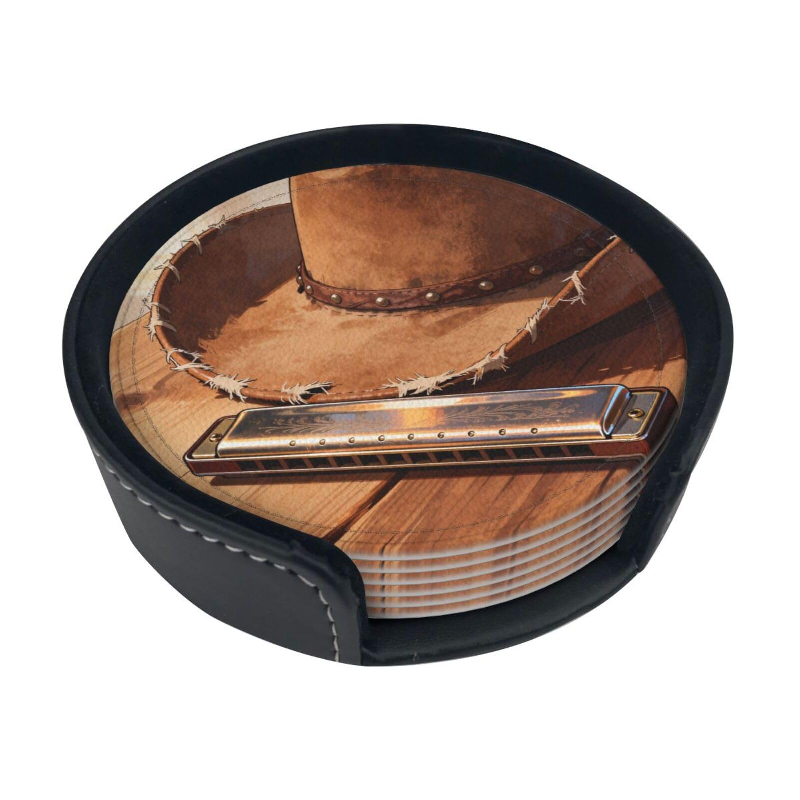 Harmonica Cowboy Hat Leather Coasters-Set of 6 with Storage Holder