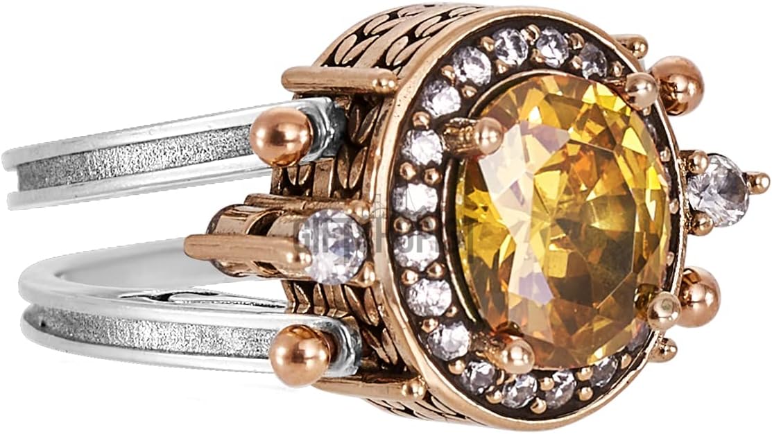 Elegant Reversible 925 Sterling Silver Ring for Women Jewelry - Handcrafted in Turkey, Featuring Oval-Cut Citrine and Topaz 925 Sterling Silver Ladie's Ring All Size