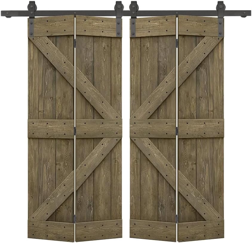 56 in. x 84 in. K Series Aged Barrel Stained DIY Wood Double Bi-Fold Barn Doors with Sliding Hardware Kit Aged Barrel 84"x56"