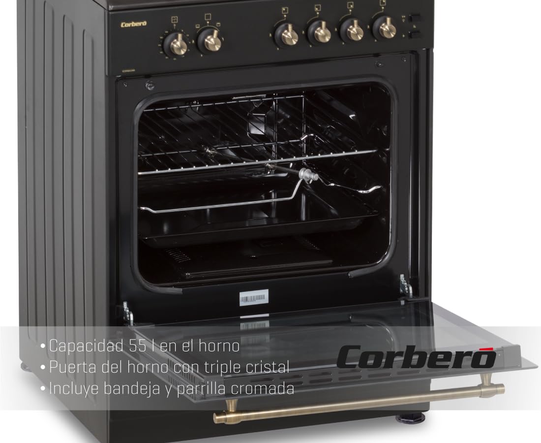 Corberó - Cocina de Gas Butano Excellence 60cm | CCSF6022NR | 4 Fuegos | Horno 55L con puerta triple cristal| Función Ruste pollos | Tapa Fogones Cristal| Wok con Quemado| Negro Rústica