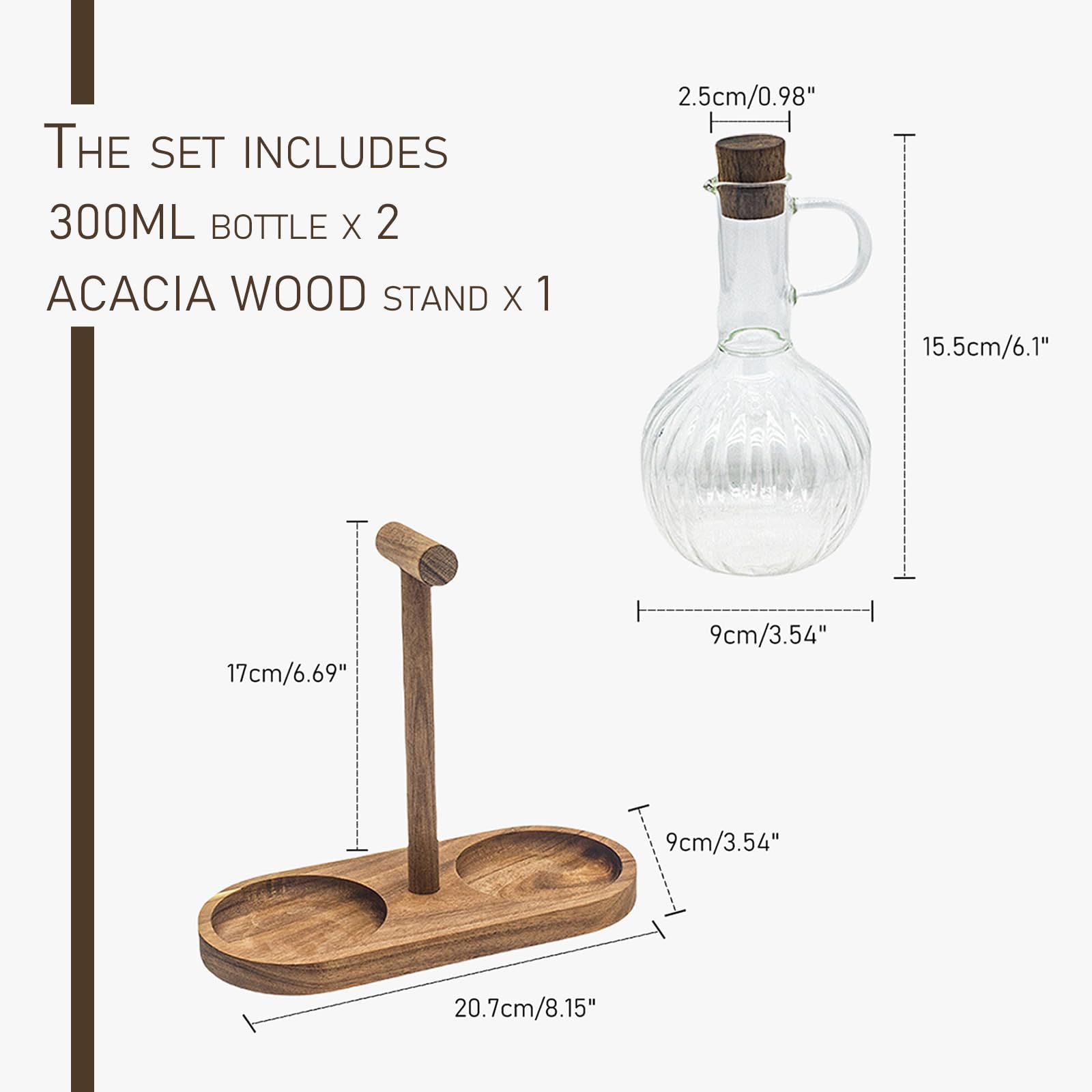 HARLIANGXY Set di Bottiglie per Aceto e Olio con Supporti in Legno, 2 x 300ML Dispenser Antigoccia, Erogatore di Aceto, Bottiglia di Olio d'Oliva in Vetro, Contenitore per Olio da Cucina, Flacone