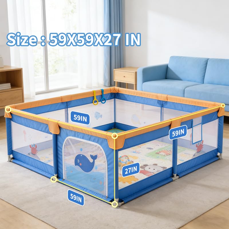 Baby Playpen for Toddlers: 6.56x6.56 ft Kid-Safe Enclosed Play Yard | Non-Slip Base, Breathable Mesh - Easy-Portable for Indoor & Outdoor Baby Play Spaces - Blue