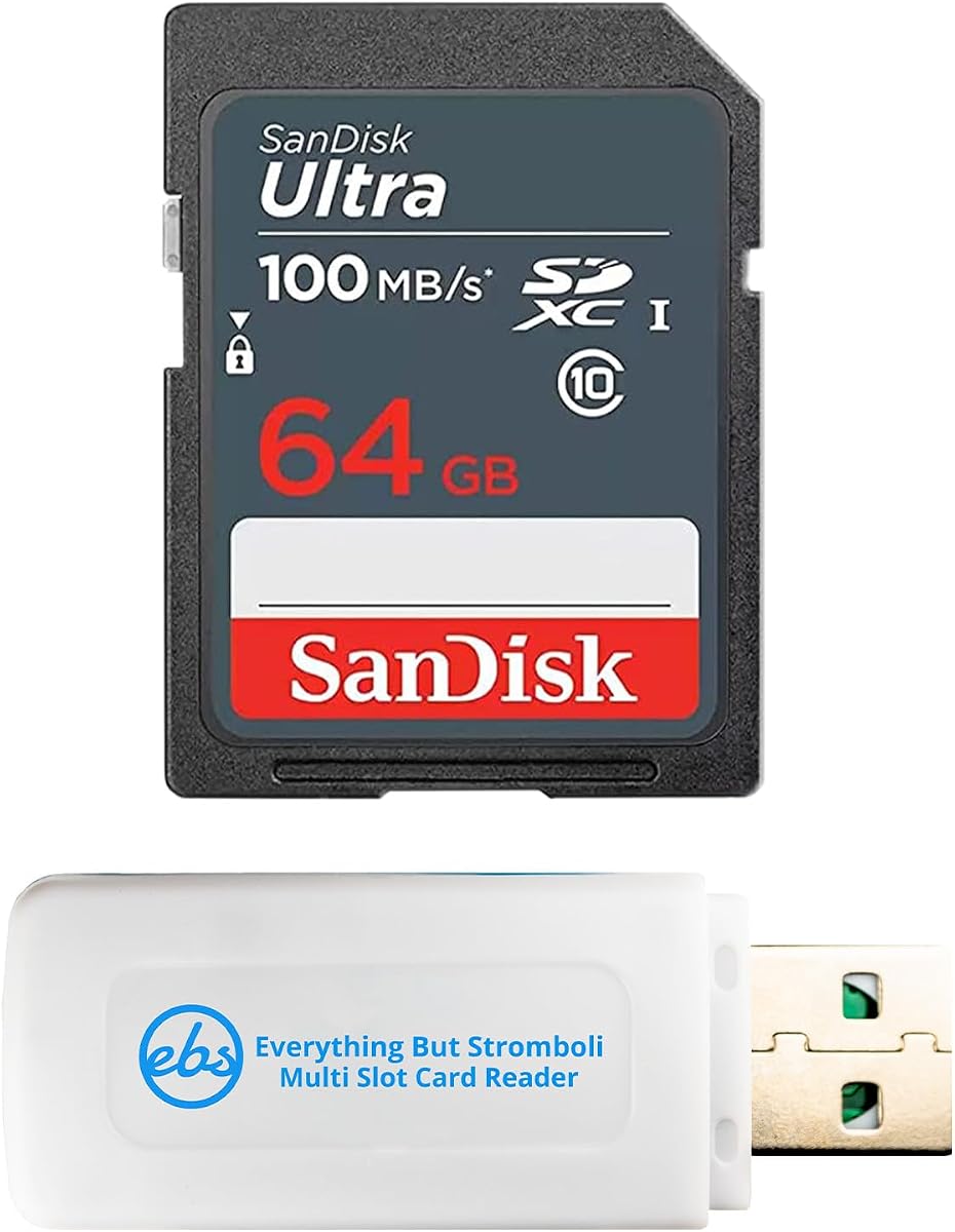 SanDisk 64GB UHS-I Ultra Memory Card for Trail Cameras SDSDUNR-064G-GN3IN | Compatible with Cameras, Laptops and Most SD UHS-I Enabled Devices, Bundle with (1) Everything But Stromboli SDHC Card Reader