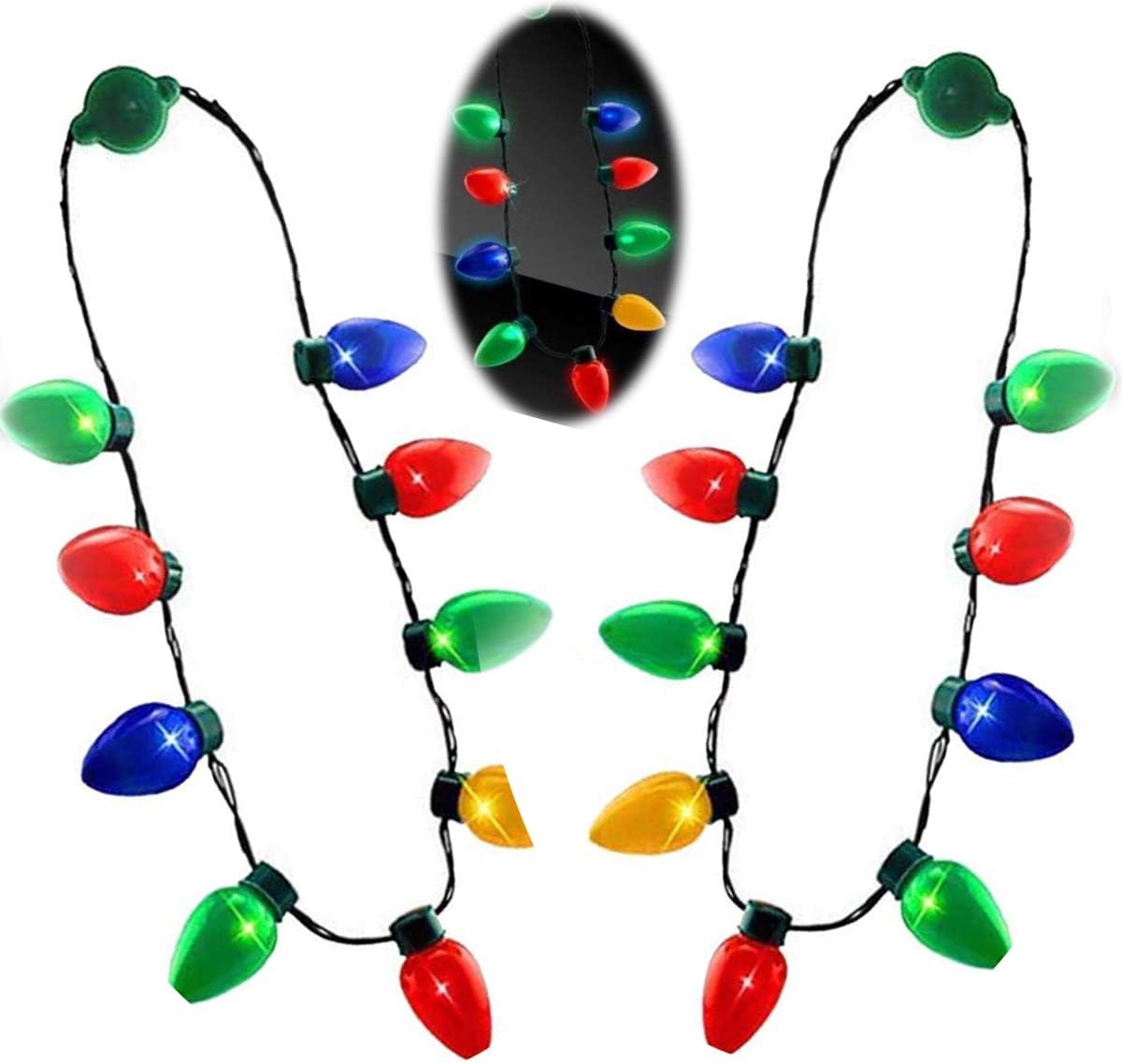 Led Christmas Necklace For Kids Adult, Light Up Bulbs Glow in The Dark Toy Party Decoration Flashing Favors Supplies Accessories For Santa Xmas Boys Girls Stocking Stuffer Ugly Sweater 2 PCS