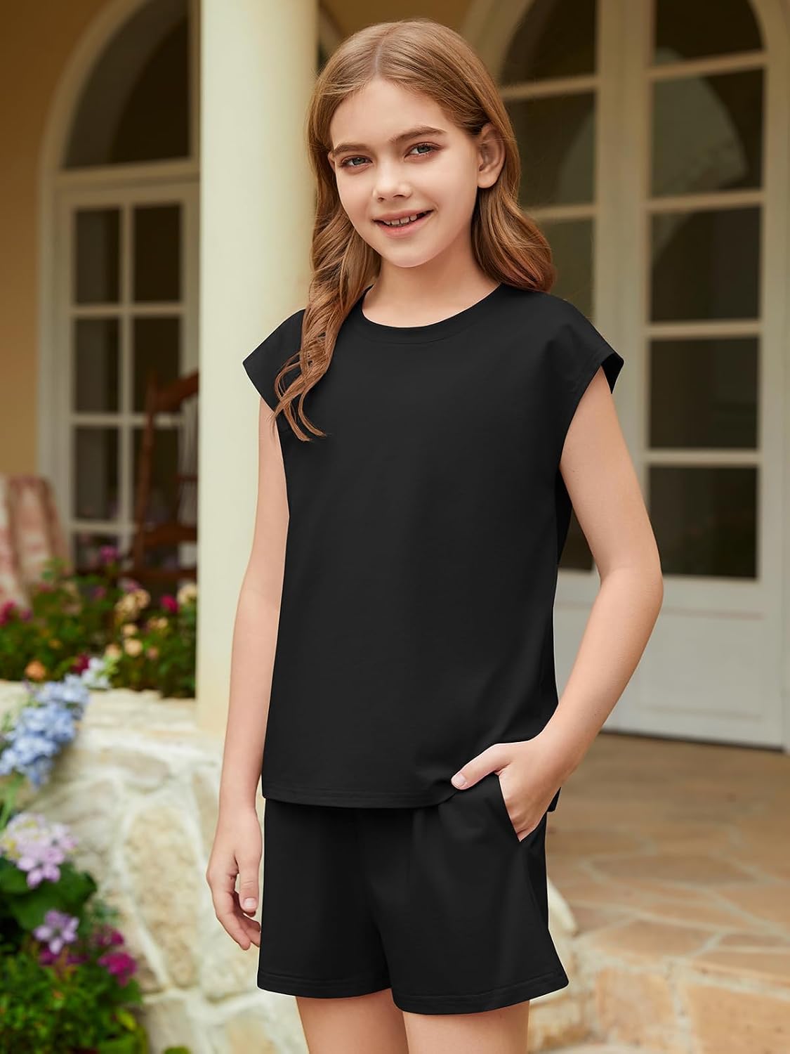 ZDC Girls Summer Outfits Casual Lounge Set Cap Sleeve T Shirt and Elastic Waist Shorts 2 Piece Clothing Sets