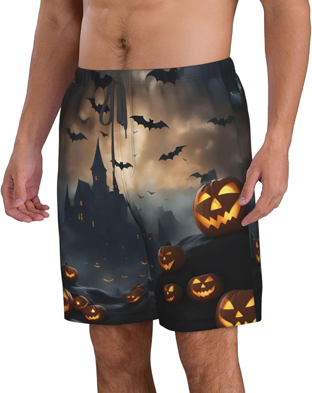 Mens Halloween Flying Bats Print Beach Shorts,Casual Summer Shorts for Men,Quick Dry Polyester
