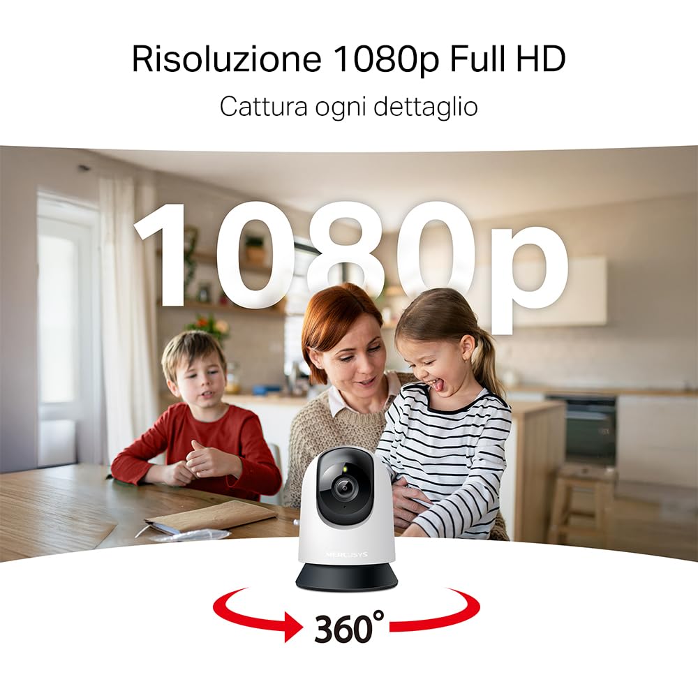 MERCUSYS MC200 Telecamera Wi-Fi Interno FHD, Videocamera Sorveglianza 360°, Visione Notturna, Audio a 2 Vie, Rilevamento di Movimento/Notifiche/Allarme, ZonaPrivacy, Supporta microSD fino a 512 GB