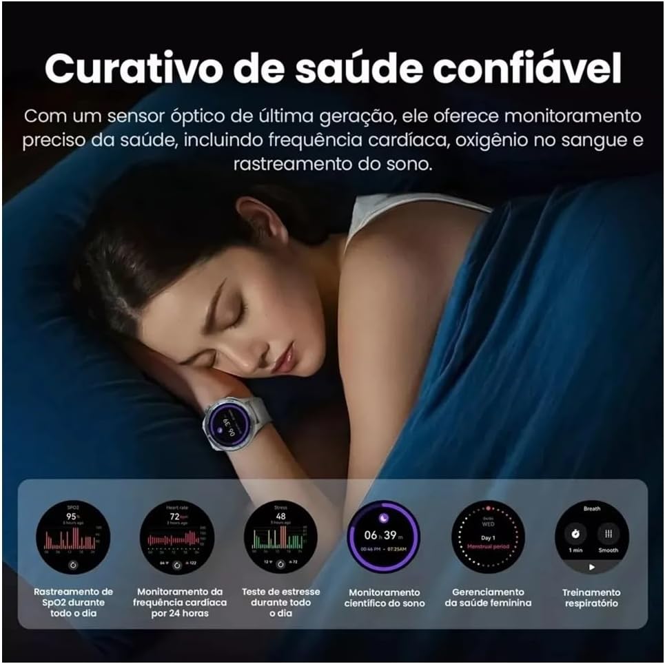 A person sleeping with the Haylou Solar Neo Smartwatch on their wrist, displaying various health metrics like SpO2, heart rate, stress, sleep duration, and female health tracking.