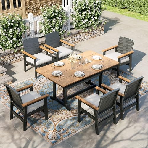HERA'S HOUSE Patio Table and Chairs Set 7-Piece, HDPE Outdoor Dining Furniture Set with Cushions, All-Weather Wood Grain Table & Wicker Chairs for Backyard, Garden, Deck (Durable & Low Maintenance)