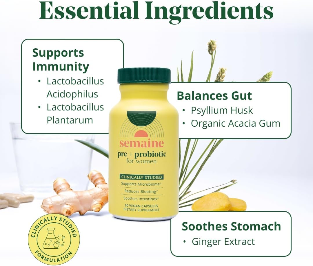 Semaine Super Powered Prebiotic + Probiotic for Women, Effective 3-in-1 Multi-Action Formula to Nourish Gut Health, Soothe IBS, Support Bloat Relief & Immunity Boost, Clinically-Studied (60 ct)