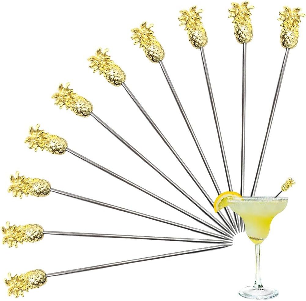 Sanfly Cocktail Picks 10pcs Martini Picks with Pineapple Charms Stainless Steel Reusable Cocktail Skewers Toothpicks for Drinks Appetizers