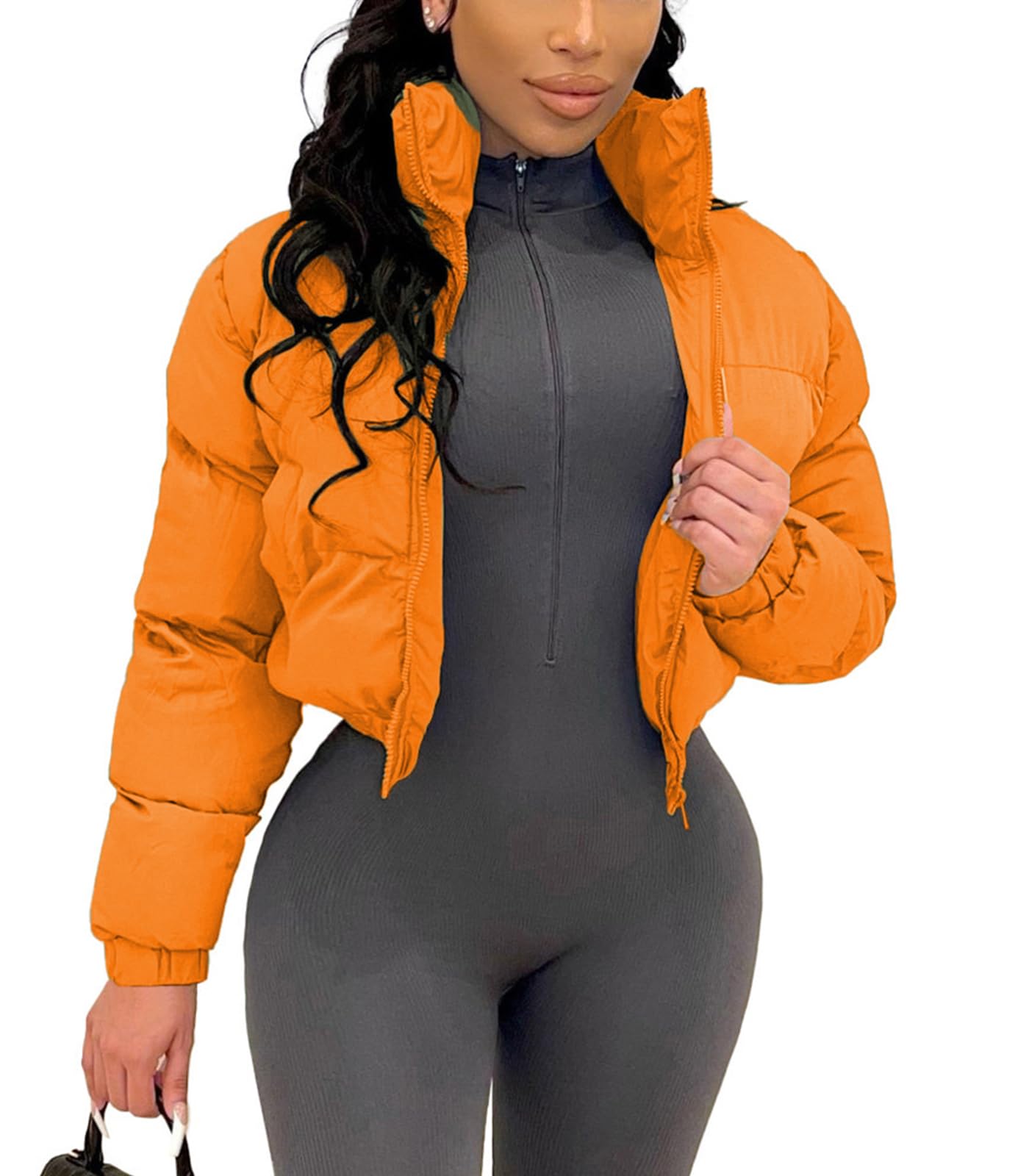 Puffer Jacket Womens Cropped Zip Up Padding Warm Quilted Jackets Winter Coats-image-17