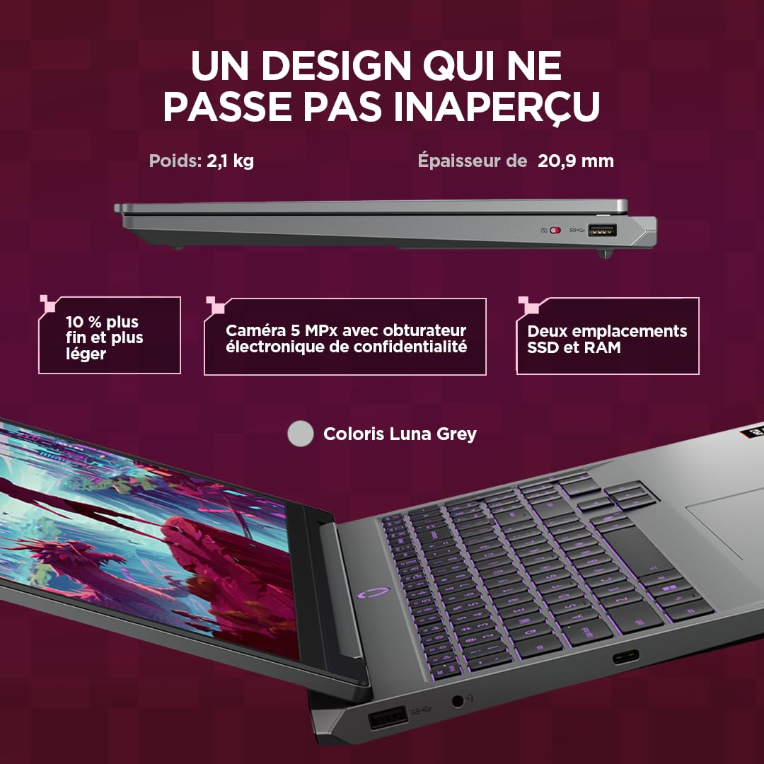 Lenovo LOQ 15AHP11 - Ordinateur Portable Gaming 15.3'' WUXGA (AMD Ryzen 7 250, RAM 16Go, SSD 512Go, NVIDIA RTX 5050 6GB) Clavier 1 Zone rétroéclairé AZERTY Français - Gris Lunaire