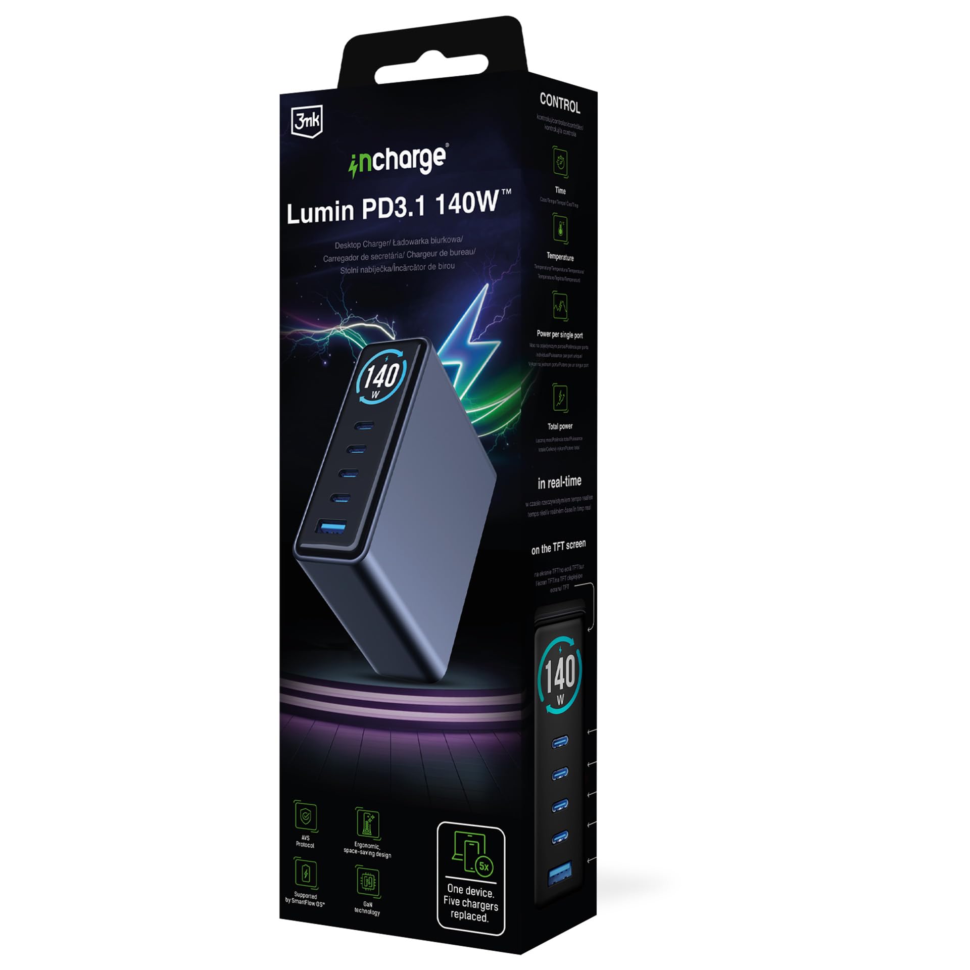 3mk InCharge Desktop Charger Lumin Estación de carga 140W Negro