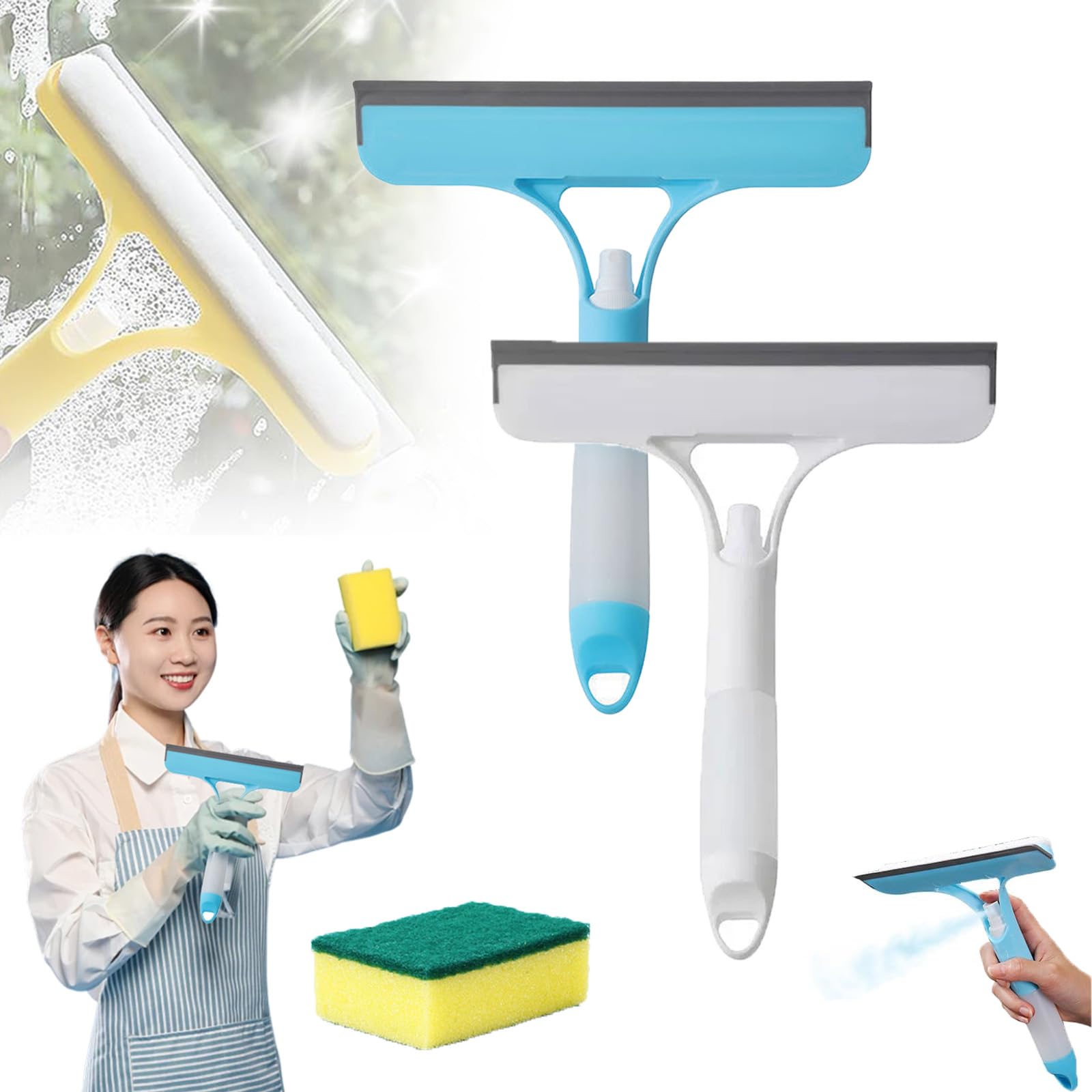 Snrtevu White+Blue 3 In 1 Window Cleaning Scraper, Window Shower Squeegee With Spray, Multipurpose Windows Cleaner Tool, Easy To Clean Without Streaks, For Windows, Walls, Car Windshields, Kitchens (White+Blue)