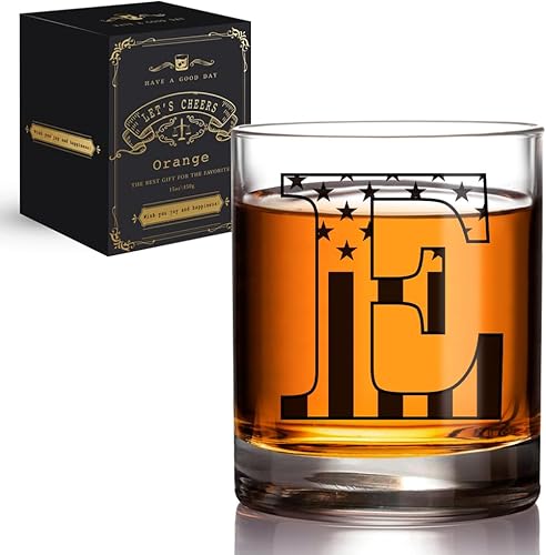Copa de whisky grabada con letra E, regalos de letras con monograma de bandera para hombres, amigos, niñas, papá, abuelo, sus amigos, compañeros de
