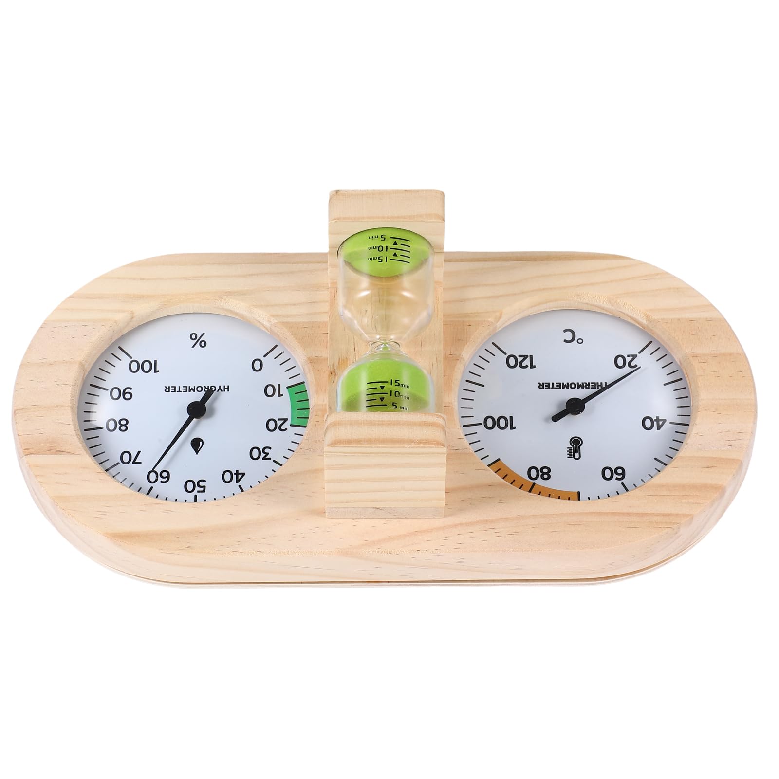 Gatuida Sauna Messgerät Holz Thermometer und Hygrometer für Zuhause und Sauna mit 15 Minuten Sanduhr Batteriefrei Langlebig und Präzise Grüner Sand