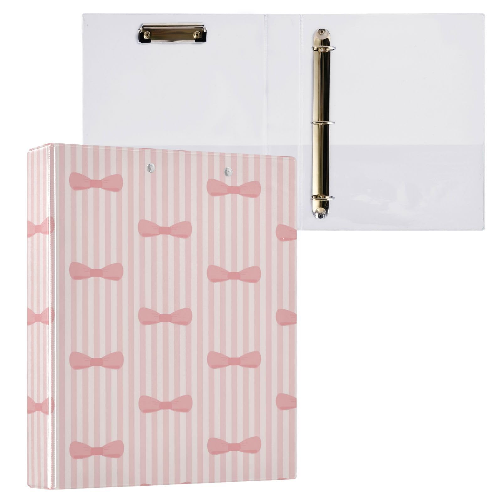 SKYSHU Pink Bowknots, 3 raccoglitori ad anelli rotondi con 3 tasche interne trasparenti in PVC, impermeabili, robusti, con clip in metallo antiscivolo, raccoglitori versatili per contenere 200 fogli,