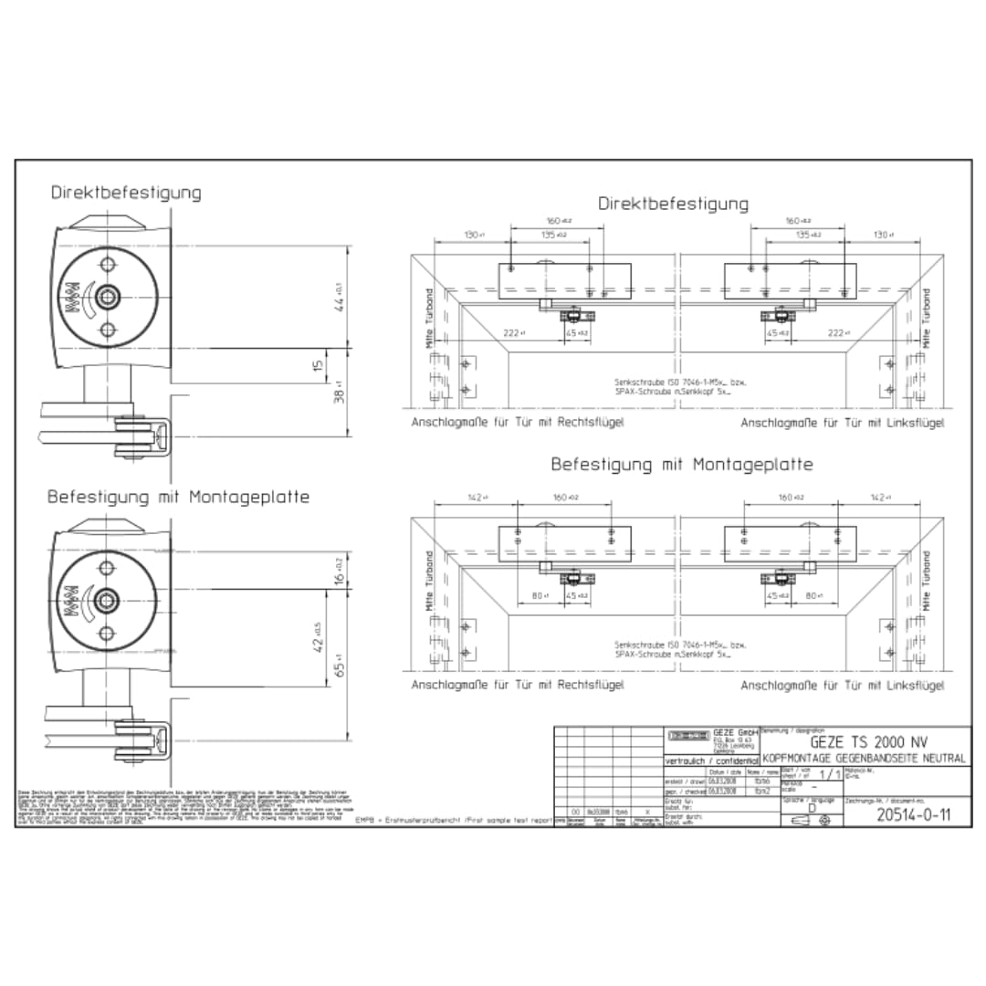 Geze Türschließer TS 2000 NV BC silber mit Normalgestänge und Montageplatte für einflügelige Türen bis 1100 mm Flügelbreite, Schließkraft stufenlos und Endschlag über Ventil einstellbar- 22,6x5,1x6cm