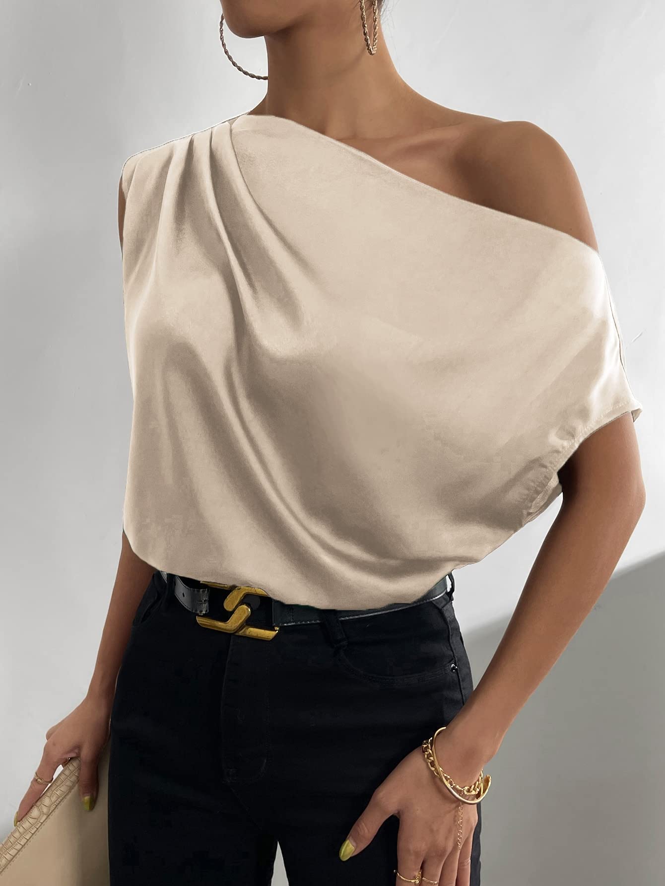 OYOANGLE Women's Satin Off The Shoulder Short Sleeve Asymmetrical Neck Ruched Work Office Blouse Top