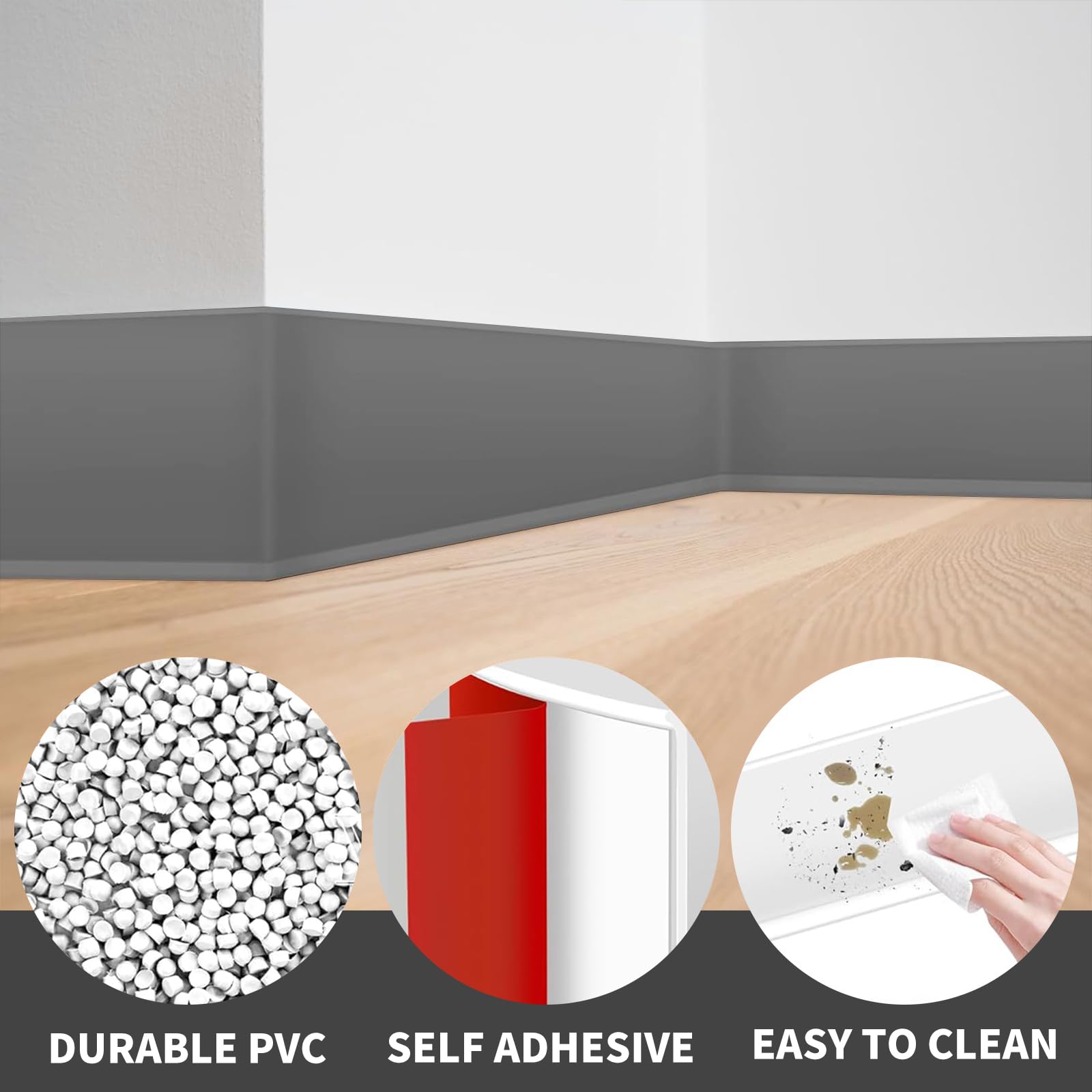 Bocguy Rodapies Autoadhesivo Ancho, Rodapie PVC Adhesivo, Flexible Zocalos Autoadhesivos Pared, Flexible Tira de Transición Decorativa para Cocina, Baño, Dormitorio, Paredes de Salón(Gris,8CM x 10M)