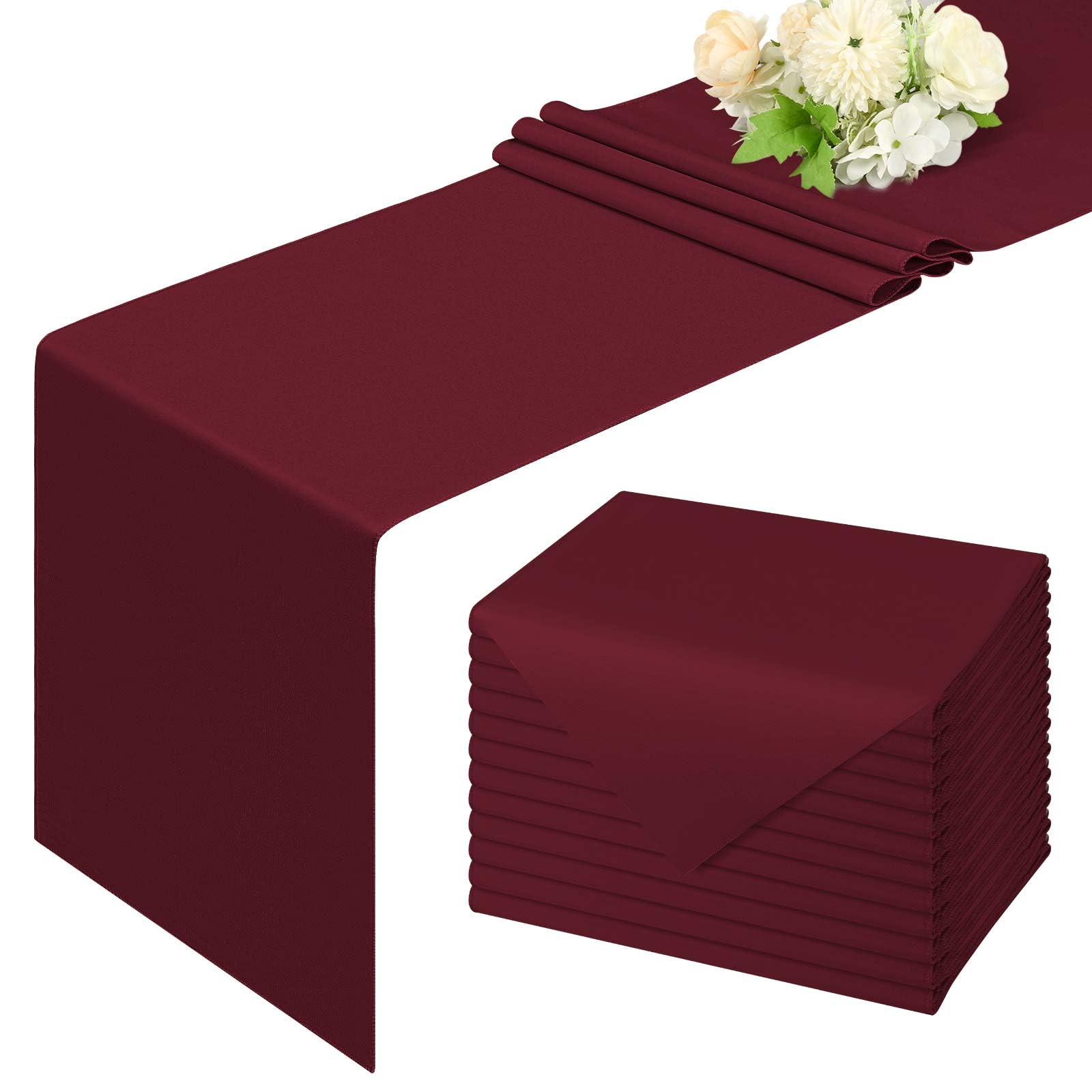 12 Pack Burgundy Table Runner 6FT Table Runners, 12x72 inch Rustic Farmhouse Polyester Table Runner, Washable and Reusable Table Runners for Wedding