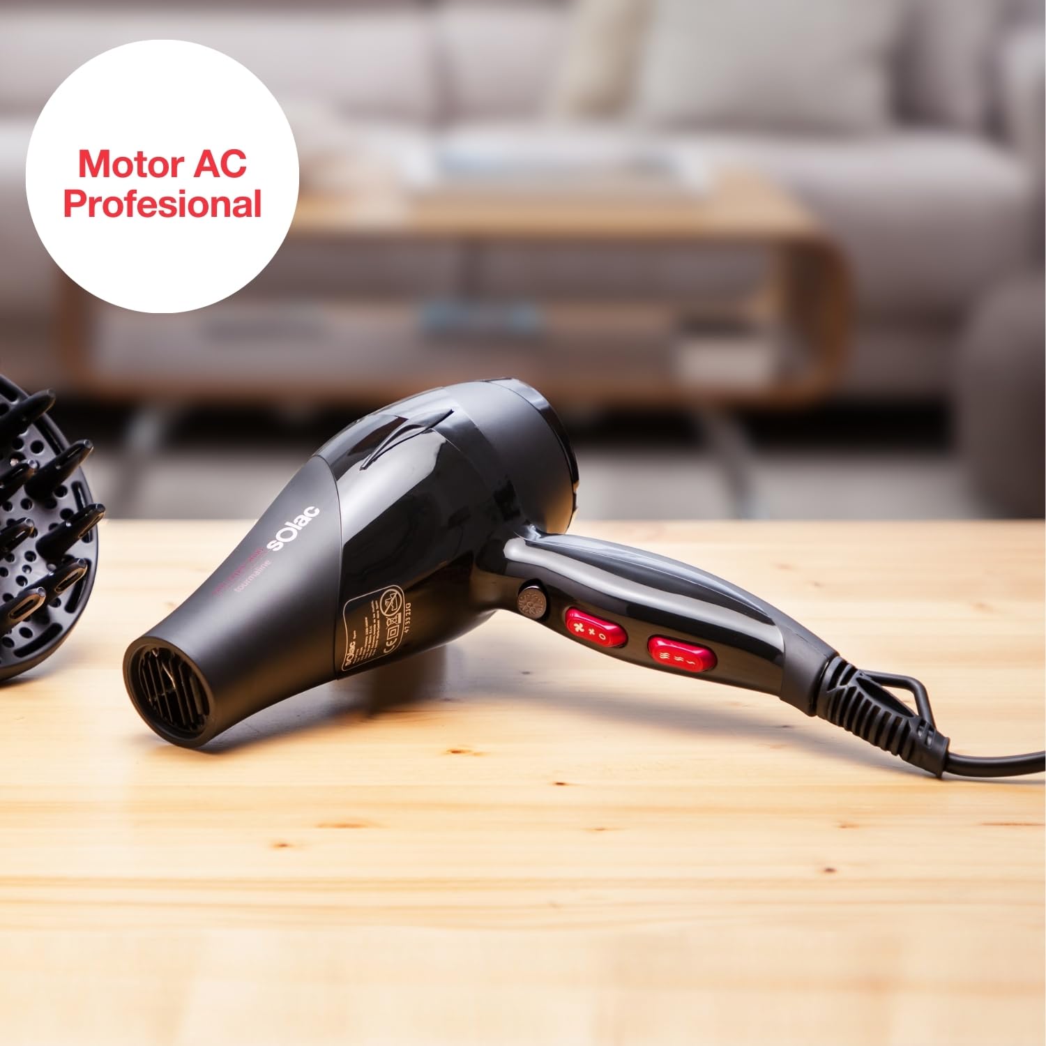 Solac - Secador de Pelo SP7170 Expert 2600 Tourmaline, 2600W, 2 Velocidades + 3 Temperaturas, Aire Frío, Difusor, Función Iónica Antiencrespamiento, Secado Rápido, Cable 180 cm, Negro