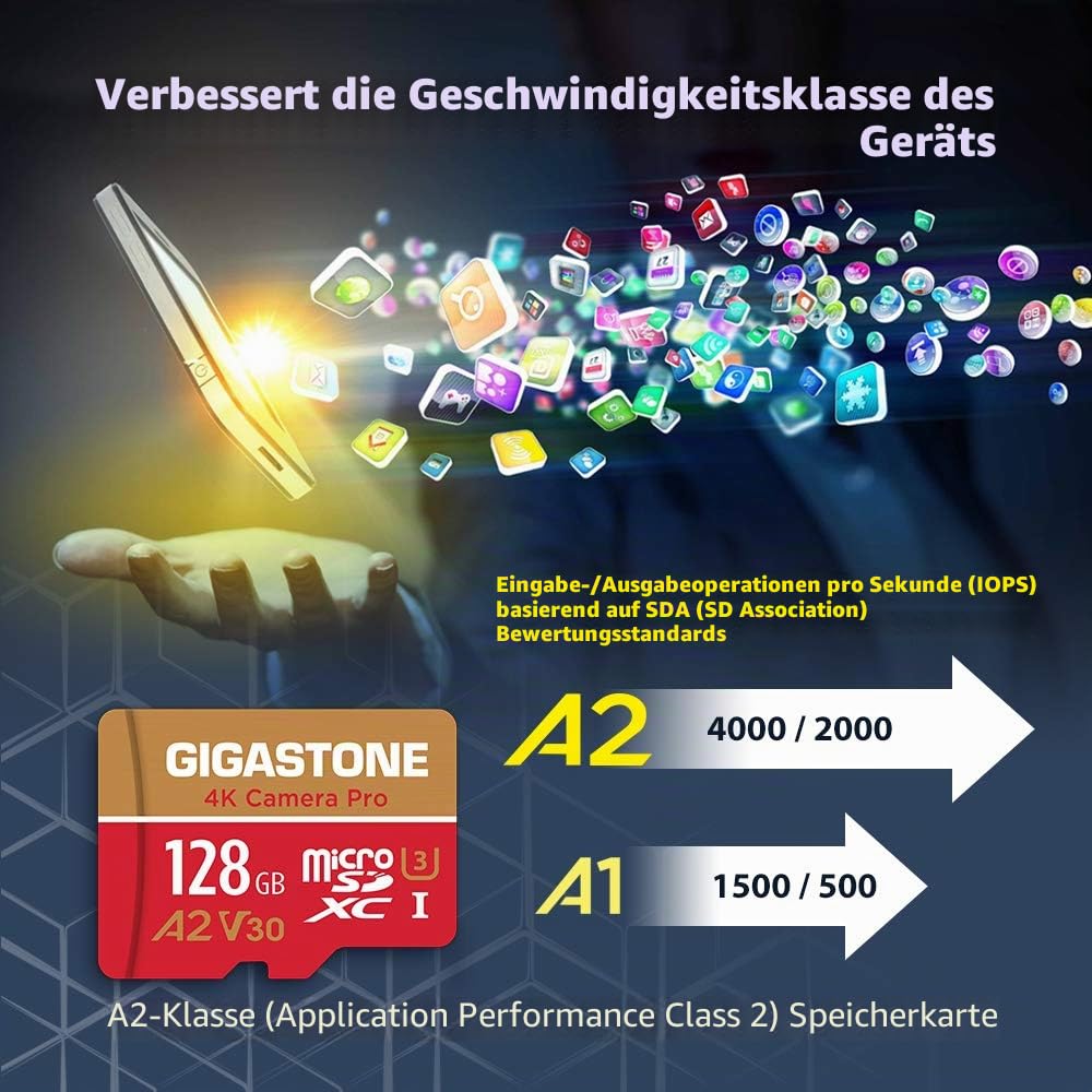 [5 Jahre kostenlose Datenwiederherstellung] GIGASTONE 128GB Micro SD Speicherkarte, 4K Kamera Pro, bis zu 100/50 MB/s, für Gopro insta360 DJI, A2 V30