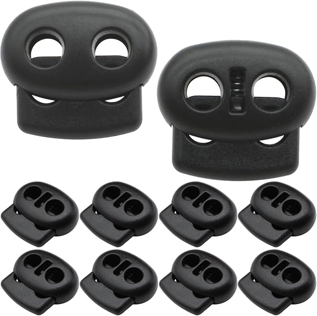 LRMYS Dual-Holes Spring Cord Locks Set, Double 5mm Holes Loaded Plastic Round Cord Ends Stopper Fastener Oval Toggle Locks, Black 10 Pack
