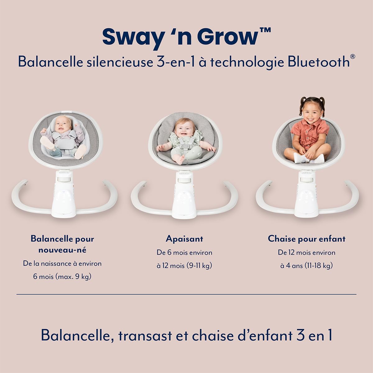 Graco Sway ‘n Grow, balancelle silencieuse 3-en-1 à technologie Bluetooth, convient dès l'âge de la naissance à environ 4 ans (max. 18 kg), gris, Heather